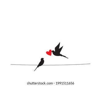 Birds couple silhouette on wire Vector, Birds in love Silhouette, Wall Decals, Couple of Birds in Love, Art Decoration, Wall Decor, Birds Silhouette on wire isolated on white background, romantic