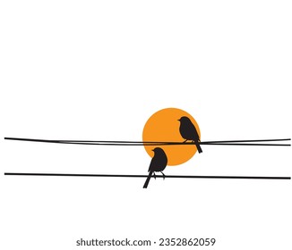 Birds couple silhouette on wire on sunset, vector. Two birds silhouette on branch isolated on white background, illustration. Wall Decals, Wall Art Decoration. Wall artwork. Minimalist poster design