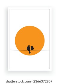 Birds couple silhouette on wire on sunset, vector. Two birds silhouette on branch isolated on white background, illustration. Wall Decals, Wall Art Decoration. Wall artwork. Minimalist poster design