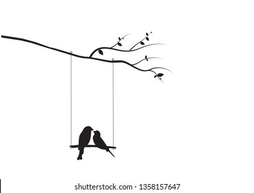 Birds Couple Silhouette Vector, Birds on swing on branch, Wall Decals, Birds in love, Wall Art, Art Decor. Birds Silhouette isolated on white background. Romance in nature, romantic 