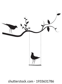 Birds Couple Silhouette Vector, Birds on swing on branch, Wall Decals, Birds in love, Wall Art, Art Decor. Birds Silhouette isolated on white background. Romance in nature, romantic 