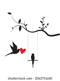 Birds Couple Silhouette Vector, Birds on swing on branch, Wall Decals, Birds in love, Wall Art, Art Decor. Birds Silhouette isolated on white background. Romance in nature, romantic 