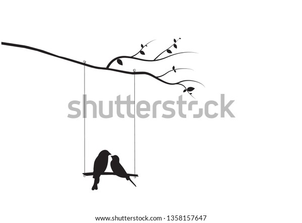 鳥のカップルシルエットベクター画像 枝の上で揺れる鳥 ウォールデカル 恋の鳥 ウォールアート アートデコール 白い背景に鳥のシルエット 自然のロマンス ロマンチック のベクター画像素材 ロイヤリティフリー