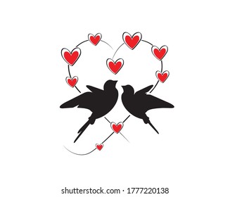 Birds couple silhouettes in heart, vector. Flying birds in shape of a heart, illustration. Flying birds isolated on white background. Flying bird silhouette. Wall art, artwork, wall decals