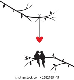 Birds Couple Silhouettes on branch Vector, Wall Decals, Birds in love with heart illustration, Wall Art, Art Decor. Birds Silhouette isolated on white background. Romance in nature, romantic 