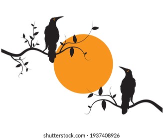 Birds Couple Silhouettes on Branch on sunset, Vector. Crow Birds illustration isolated on white background. Wall Decals,  Art Decoration, Wall Decor, Wall artwork