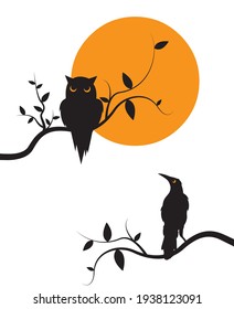 Birds Couple Silhouettes on Branch on sunset, Vector. Crow and owl birds illustration isolated on white background. Wall Decals,  Art Decoration, Wall Decor, Wall artwork