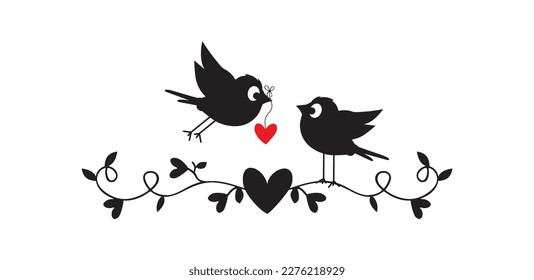 Birds couple silhouettes, vector. Bird illustration holing a heart. Romantic cute cartoon illustration. 