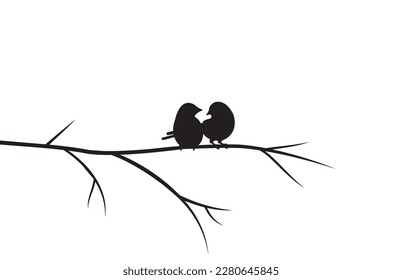 Birds couple silhouettes, vector. Bird illustration on branch with hearts. Romantic cute cartoon illustration isolated on white background.
