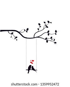 Birds Couple Silhouettes Vector, Birds on swing on branch, Wall Decals, Birds in love, Wall Art, Art Decor. Birds Silhouette isolated on white background. Romance in nature, romantic 