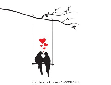 Birds Couple Silhouettes Vector, Birds on swing on branch, Wall Decals, Birds in love, Wall Art, Art Decor. Birds Silhouette isolated on white background. Romance in nature, romantic 