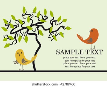 Birds couple under abstract tree. Vector.