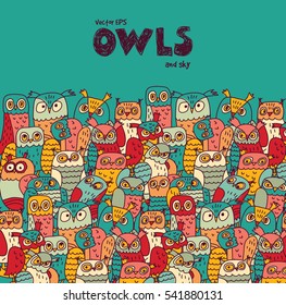 Birds crowd color owls and empty place blue sky. Color vector illustration. EPS8