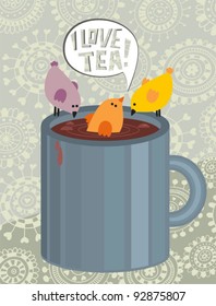 Birds and a cup of tea. Vector illustration.