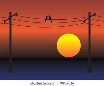Birds date on electrical wires over red sunset sky. Love romance metaphor illustration.