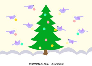 Birds decorate a Christmas tree.  Vector illustration for site, magazin, greeting card. Cute cartoon design.