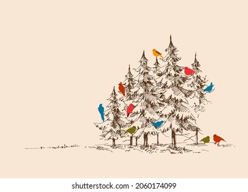 Birds decorating Christmas trees. Christmas eve in nature background