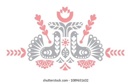 Birds decorative compositional elements for tags, cards, emblems, logos. Folk art