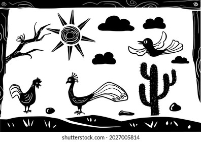 Birds in a desert setting. woodcut-style illustration