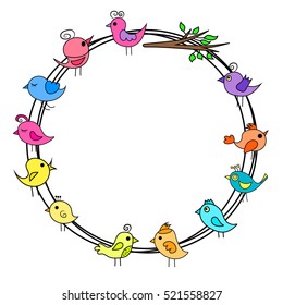Birds design set. Cartoon frame border hand draw doodle vector illustration.