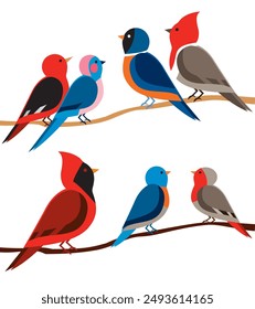 birds in diferent colors in a branch