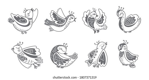 birds with different folk ornaments. scandinavian style. Flat design. Hand drawn vector set. fantasy magic birds