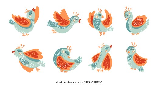 birds with different ornaments. scandinavian style. Flat design. Hand drawn vector set. fantasy magic birds