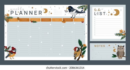 Birds to do list. Weekly planner and notes with cute winter magpie. Forest owl and titmouse on coniferous branches with cones or berries. Week schedule organizer. Vector