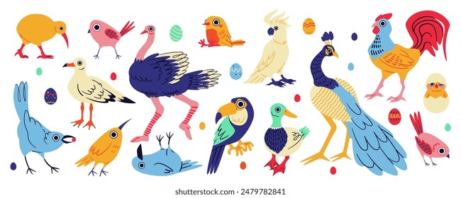 Birds doodle. Jungle folk. Baby abstract. Spring cartoon animal. Childish pattern. Naive texture. Tropical nature. Vintage toucan chick. Ostrich and peacock. Creative character. Vector birdies set