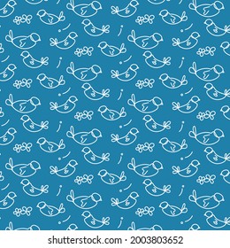 Birds doodle style seamless pattern. Outline on blue background. Cute background for textile print, wrapping paper. Vector illustration.
