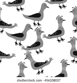 Birds, doodles,  object, seamless pattern, feathers . Hand drawn.