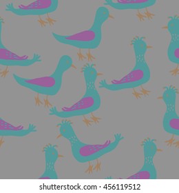 Birds, doodles,  object, seamless pattern, feathers . Hand drawn.