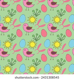 Birds with Easter eggs and nest on a light green background