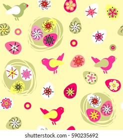 Birds with Easter eggs and nest in white, green, yellow, pink and red colors a seamless pattern on a light beige background.