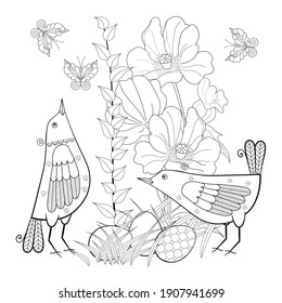Birds, eggs and garden flowers on a white background. Anti-stress coloring book for children and adults.