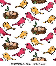 Birds with eggs seamless background