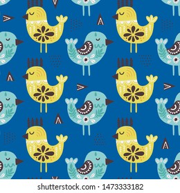 Birds in ethnic style flat vector seamless pattern. Scandinavian style minimalist animal with folk ornaments. Ornate feathers, wings with decorative flowers, twigs. Textile print, wrapping paper