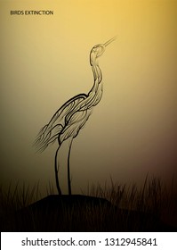birds extinction concept, Heron bird look like tree branches on the drought land, protect the birds and forest, protect the swamp, vector