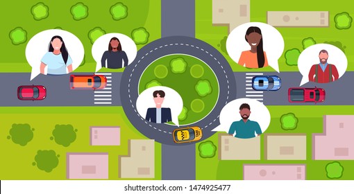 birds eye aerial view of modern city buildings streets and cars on road users profile avatars chat bubble communication concept urban map cityscape top angle view flat horizontal