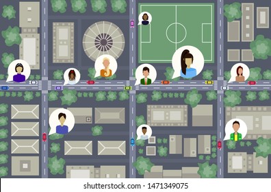 birds eye aerial view or plan of downtown modern city buildings streets and cars on road users profile avatars social network communication concept urban map cityscape top angle view flat horizontal