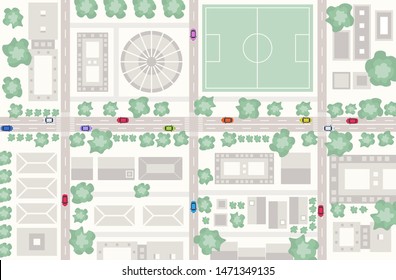 birds eye aerial view or plan of downtown modern city with buildings streets football field and cars on roads urban map cityscape top angle view flat horizontal