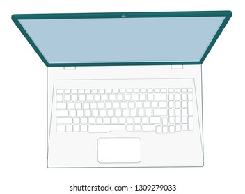 birds eye front top beautiful modern amazing illustration of a Laptop open 115 degree blank empty screen with keyboard visible