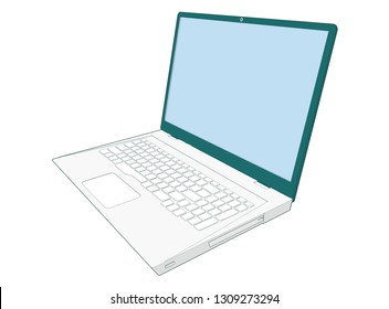birds eye top perspective angle professional front side modern illustration of a Laptop open 115 degree blank empty screen USB DVD Keyboard visible