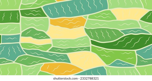 Bird's eye view of the agricultural landscape. Flat style vector illustration of wheat, soybean, rye, barley fields. Top view of a farm field. Natural farming. Seamless pattern with texture.