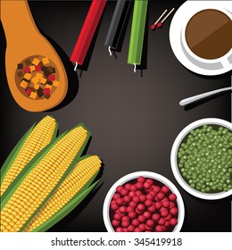 Bird's eye view background of holiday Kwanzaa with candles, corn, peas, cranberries and squash. EPS 10 vector Royalty free illustration.