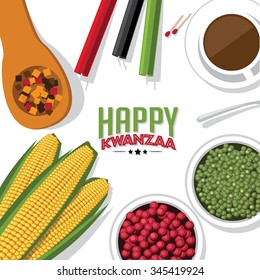 Bird's eye view background of holiday Kwanzaa with candles, corn, peas, cranberries and squash. EPS 10 vector Royalty free illustration.