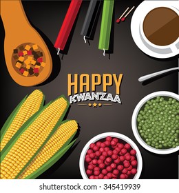 Bird's eye view background of holiday Kwanzaa with candles, corn, peas, cranberries and squash. EPS 10 vector Royalty free illustration.