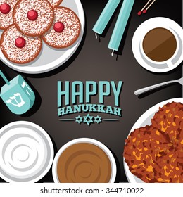 Bird's eye view background of Jewish holiday Hanukkah with menorah candles, donuts, dreidel, potato pancakes (latkes), applesauce and sour cream. EPS 10 vector royalty free illustration.