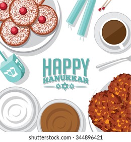 Bird's eye view background of Jewish holiday Hanukkah with menorah candles, donuts, dreidel, potato pancakes (latkes), applesauce and sour cream. EPS 10 vector royalty free illustration.