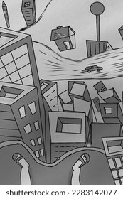 bird's eye view of hand-drawn grayscale urban-scape perspective in the morning
A man standing on the building edge has a bird's eye view of the city